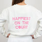 Women`s Happiest On The Court Pickleball Sweatshirt White and Pink Apparel CourtLife