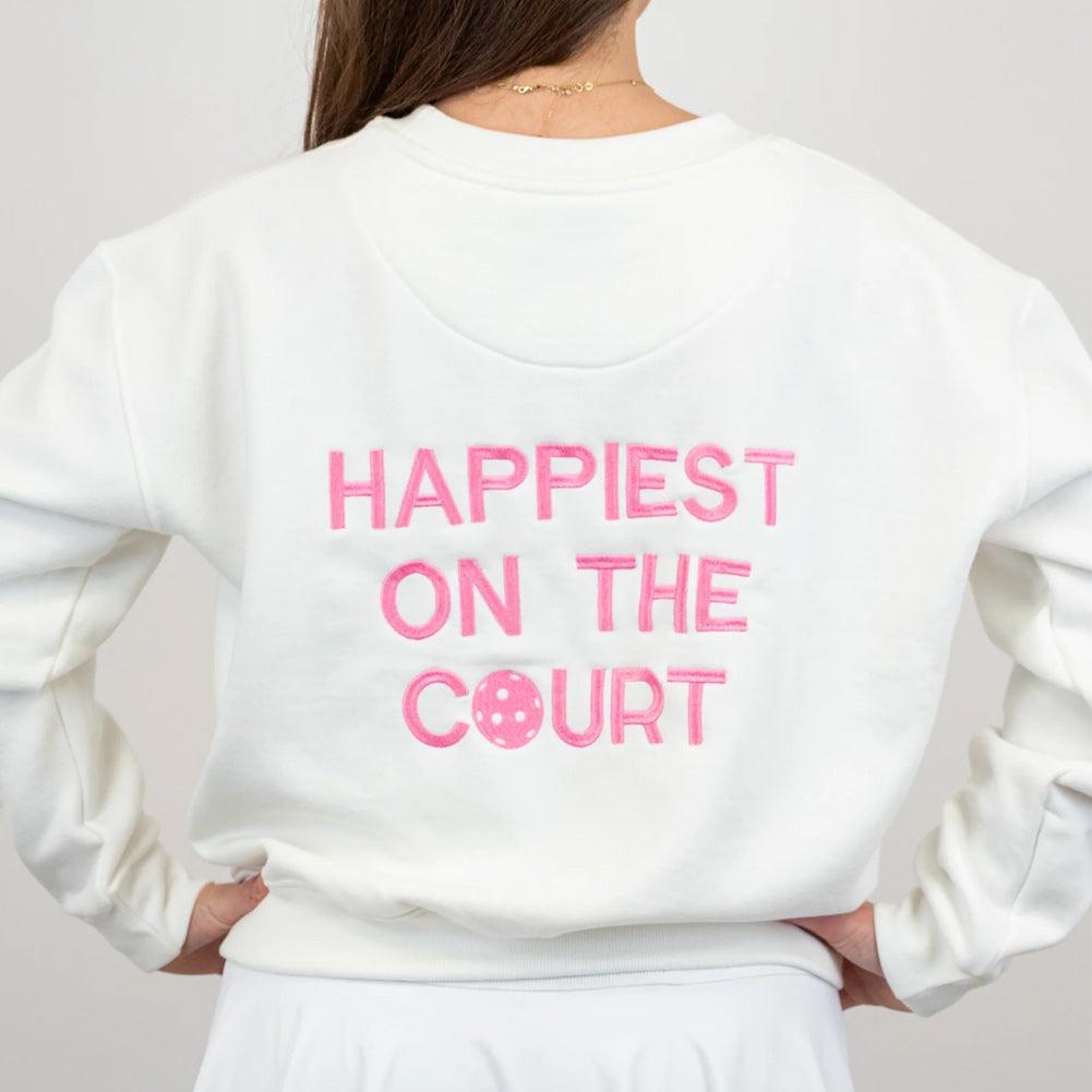 Women`s Happiest On The Court Pickleball Sweatshirt White and Pink Apparel CourtLife