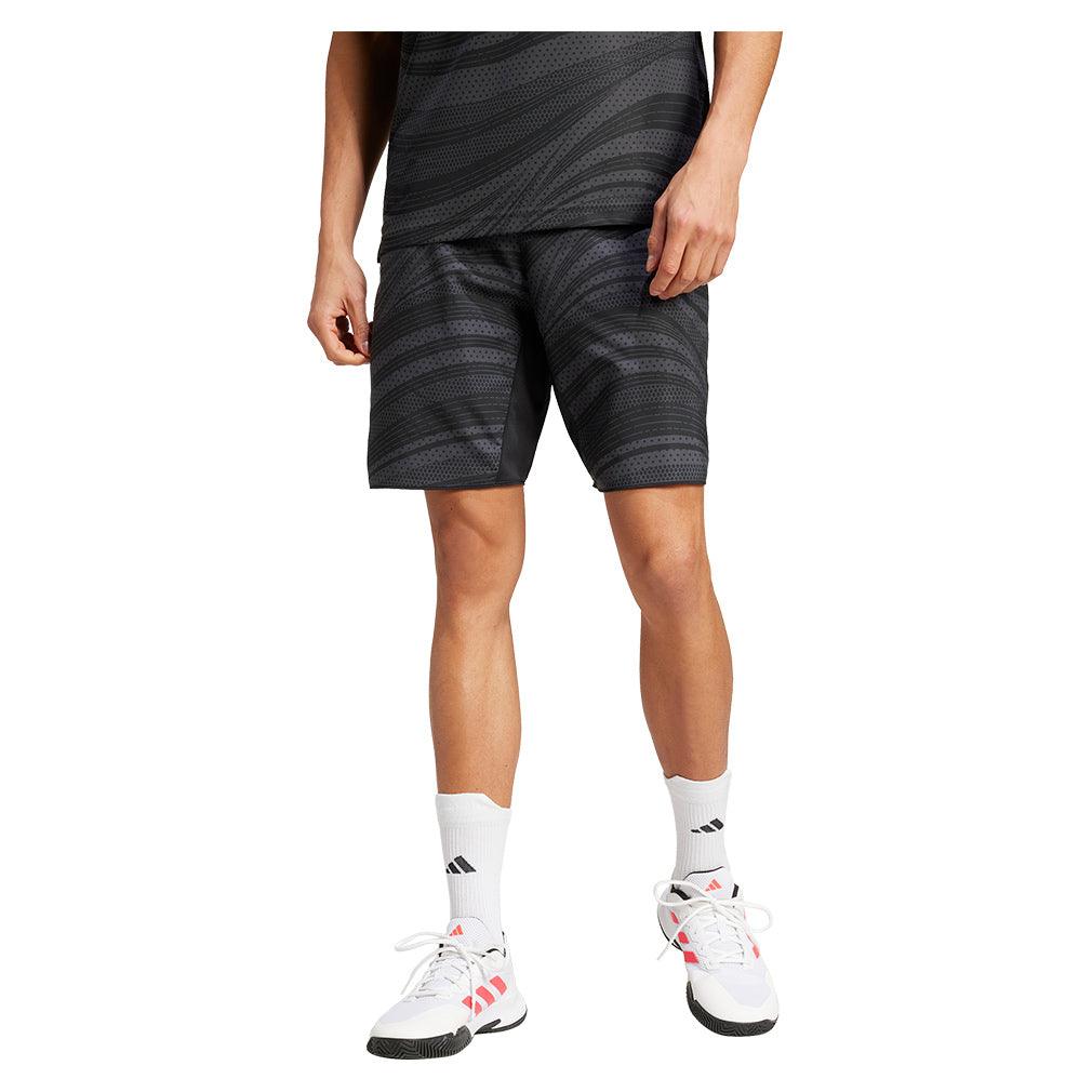 Men`s Club Graphic 9 inch Tennis Shorts Carbon and Black Apparel Adidas