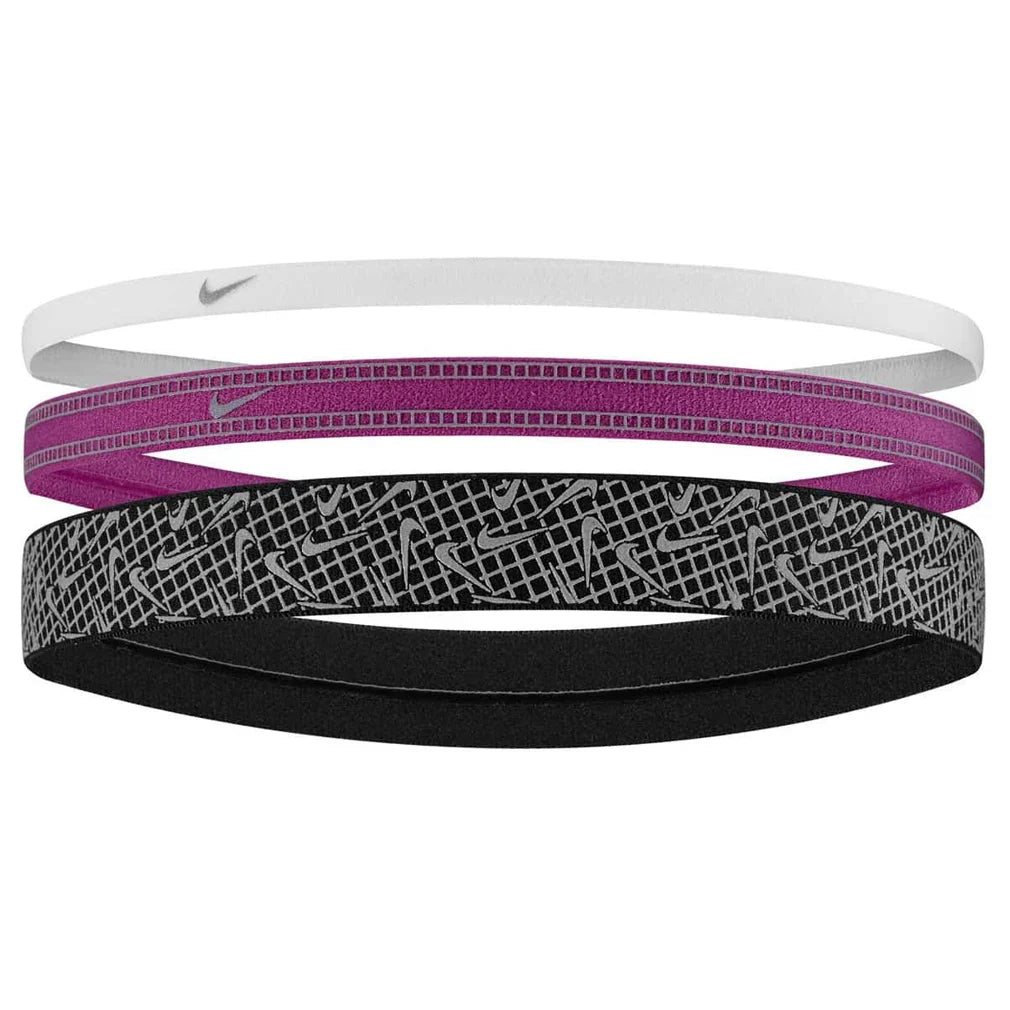 Unisex Mixed Width Reflective Graphic Headbands 3 Pack White and Hot Fuchsia Accessories Nike