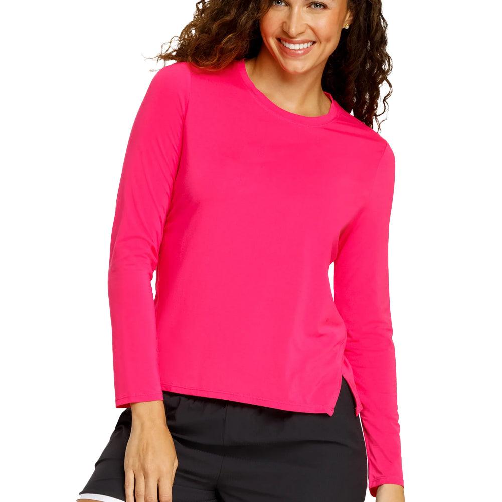 Women`s Friday Crew Neck Long Sleeve Pickleball Top Vivid Pink Apparel Spin-It