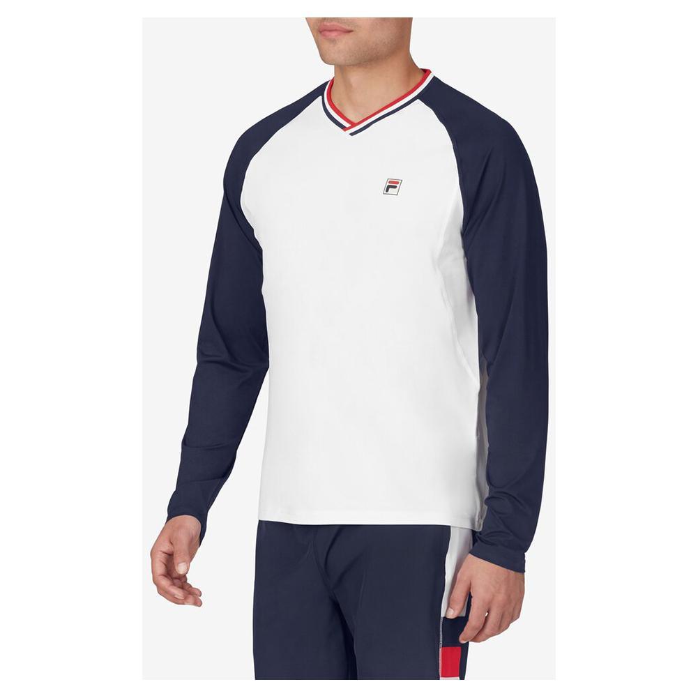 Men`s Heritage Essentials Long Sleeve Tennis Top White and Navy Apparel Fila