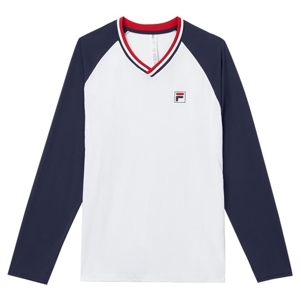 Men`s Heritage Essentials Long Sleeve Tennis Top White and Navy Apparel Fila